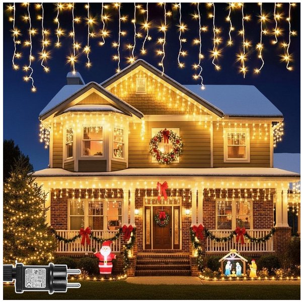 SERBASIC LED-Lichterkette Eisregen Außen, Weihnachtsbeleuchtung mit Timer 8 Modi Lichtervorhang, Anschließbar, für Balkon Geländer Traufe Weihnachtsdeko