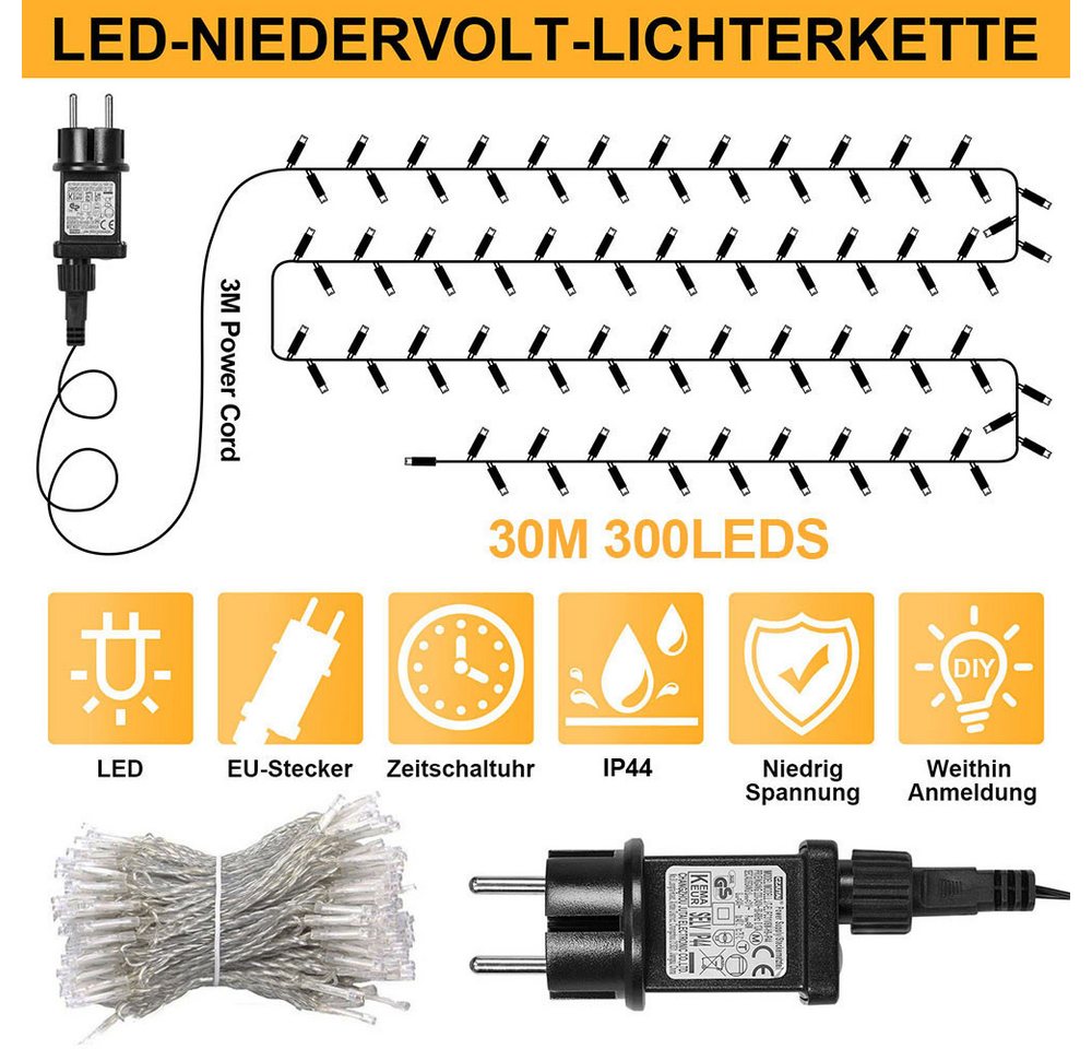 SERBASIC Lichterkette 20-100M LED-Lichterkette mit Stecker, Timer, 8 Modi, 31V DC, für Innen Außen, Garten, Hochzeit, Party, Weihnachtsbaum – Bild 2 von 5