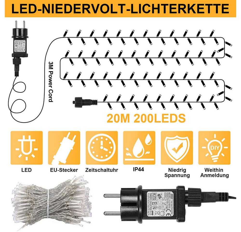 SERBASIC Lichterkette 20-100M LED-Lichterkette mit Stecker, Timer, 8 Modi, 31V DC, für Innen Außen, Garten, Hochzeit, Party, Weihnachtsbaum – Bild 2 von 5