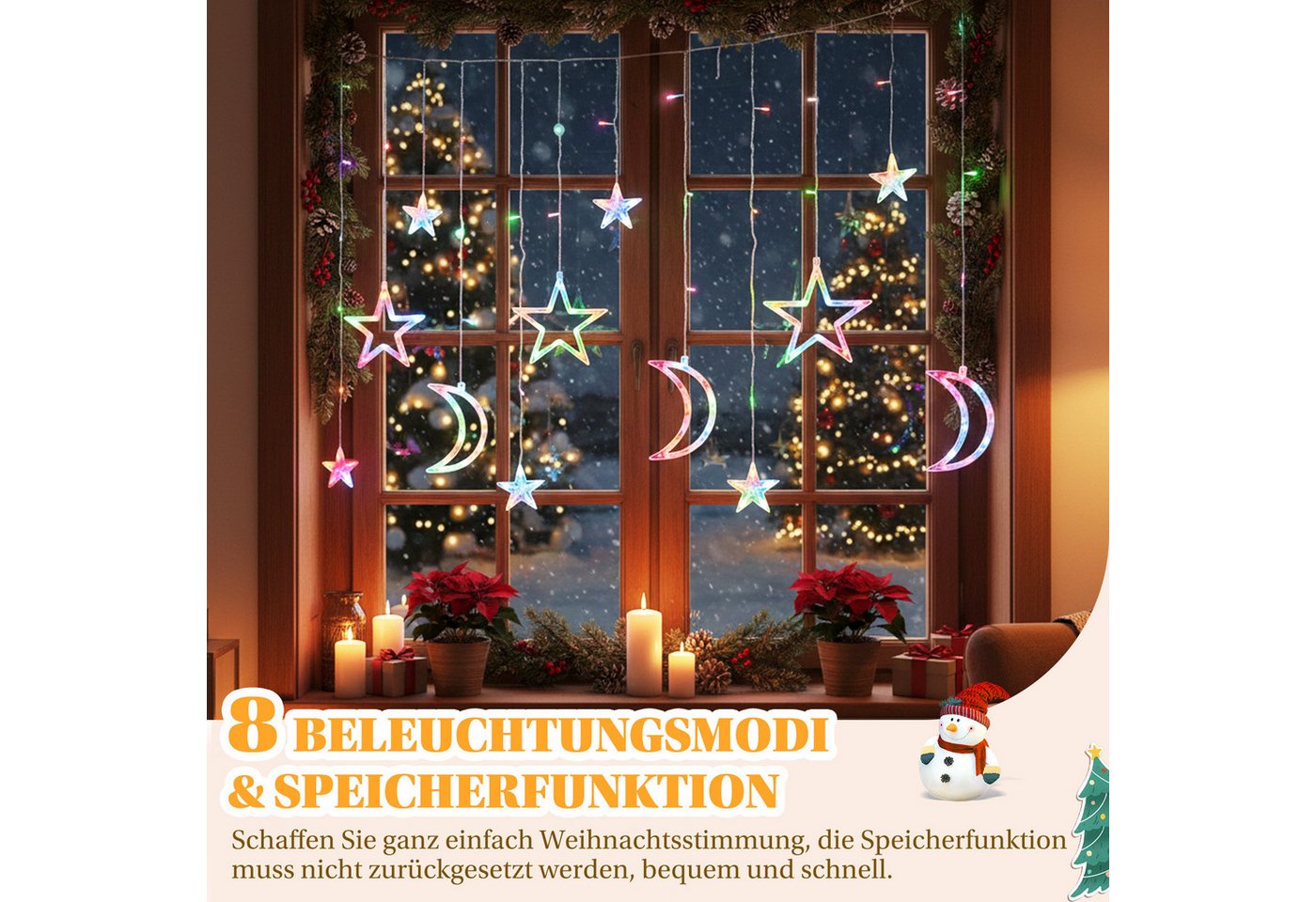 SERBASIC Lichterkette 3.5M Sterne Mond Lichtervorhang mit Stecker, 8 Modi, Timer, 31V, Für Fenster Garten Außen Weihnachtsdeko, Warmweiß & Mehrfarbig – Bild 2 von 5