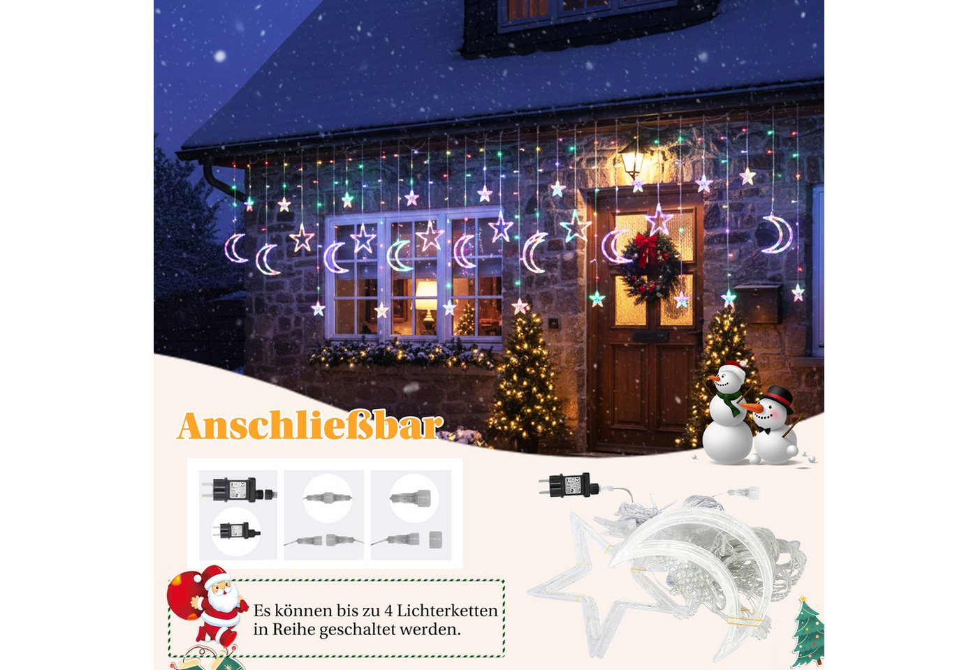 SERBASIC Lichterkette 3.5M Sterne Mond Lichtervorhang mit Stecker, 8 Modi, Timer, 31V, Für Fenster Garten Außen Weihnachtsdeko, Warmweiß & Mehrfarbig – Bild 3 von 5