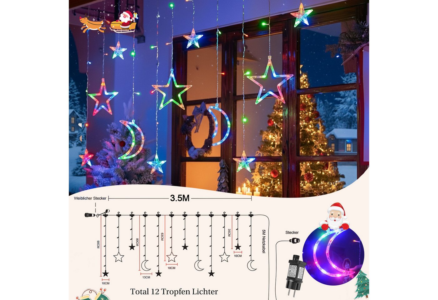 SERBASIC Lichterkette 3.5M Sterne Mond Lichtervorhang mit Stecker, 8 Modi, Timer, 31V, Für Fenster Garten Außen Weihnachtsdeko, Warmweiß & Mehrfarbig – Bild 4 von 5