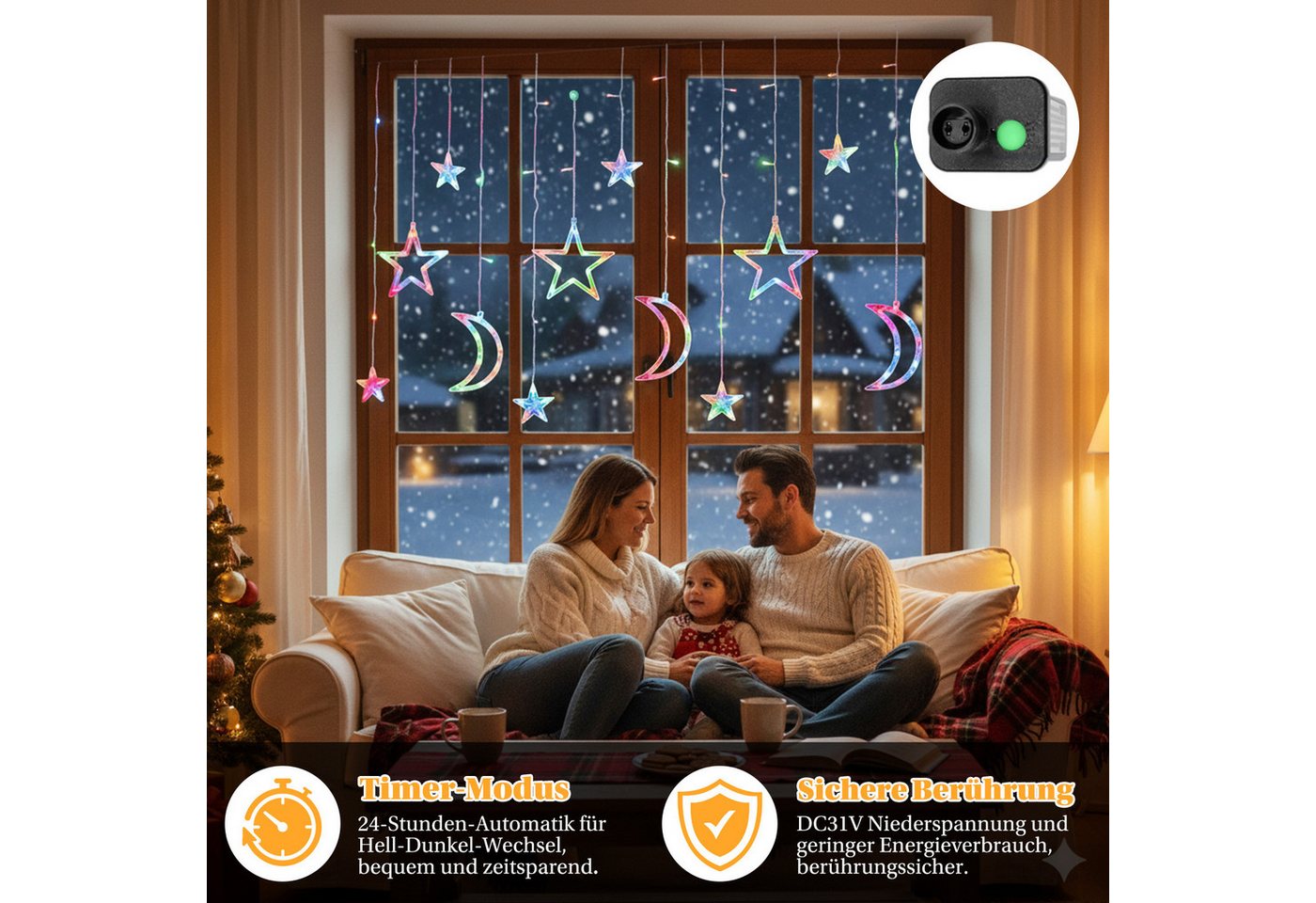 SERBASIC Lichterkette 3.5M Sterne Mond Lichtervorhang mit Stecker, 8 Modi, Timer, 31V, Für Fenster Garten Außen Weihnachtsdeko, Warmweiß & Mehrfarbig – Bild 5 von 5