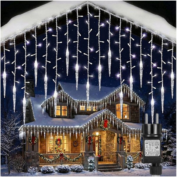 SERBASIC Lichterkette LED Eisregen Lichtervorhang, Timer, 8 Modi, Anschließbar, 31V, Lichtervorhang für Weihnachten Außen Terrasse