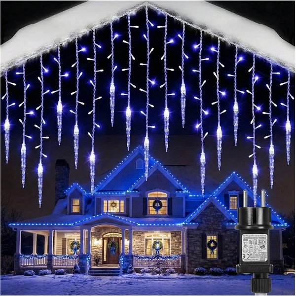 SERBASIC Lichterkette LED Eisregen Lichtervorhang, Timer, 8 Modi, Anschließbar, 31V, Lichtervorhang für Weihnachten Außen Terrasse