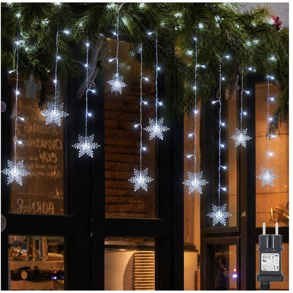 SERBASIC Lichtervorhang LED Schneeflocke Lichterkette, mit 8 Modi und Speicherfunktion, Timer, für Außen Weihnachten, Hochzeit, Balkon, Große Schneeflocke