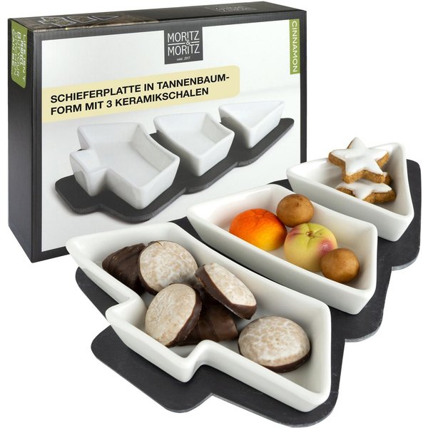 Moritz & Moritz Servierplatte Moritz & Moritz Schieferset Cinnamon, Porzellan, Schiefer, (Set, 4-tlg., 4- teiliges Set), Weihnachtliches Motiv, Hochwertiges Ker