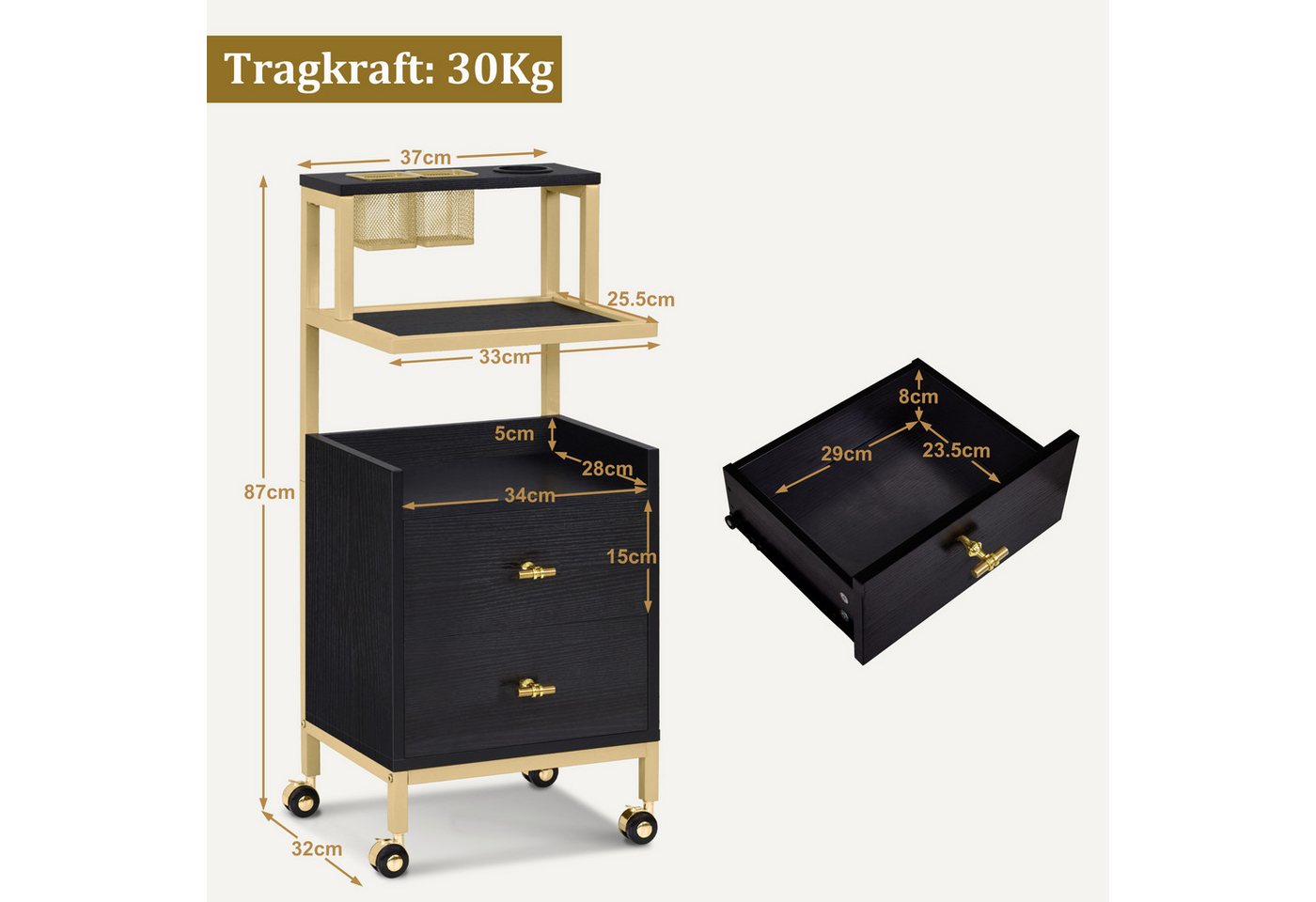Barberpub Servierwagen BarberPub Friseurwagen, Rollwagen Servierwagen, 0029, mit Rollen & 2 Schubladen, mit 2 Ablagen & Föhnhalter MDF – Bild 3 von 5