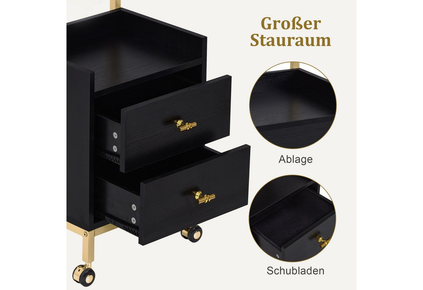 Barberpub Servierwagen BarberPub Friseurwagen, Rollwagen Servierwagen, 0029, mit Rollen & 2 Schubladen, mit 2 Ablagen & Föhnhalter MDF – Bild 5 von 5