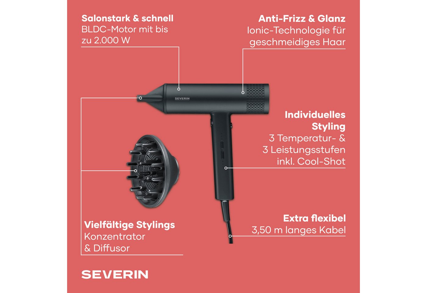 Severin Haartrockner HT 0170, Ionen-Haartrockner mit Diffusor Konzentrator & BLDC-Motor, Föhn 2.000W – Bild 2 von 5
