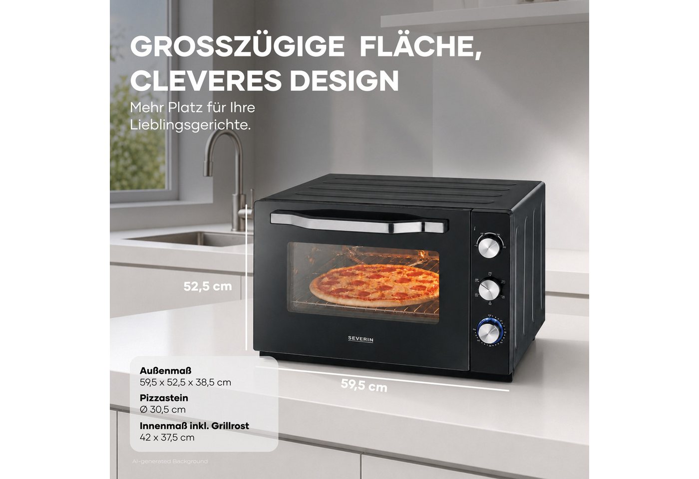 Severin Minibackofen TO 2073, XXL-Minibackofen mit 60 L Garraum, Pizzafunktion & Drehspieß – Bild 2 von 5