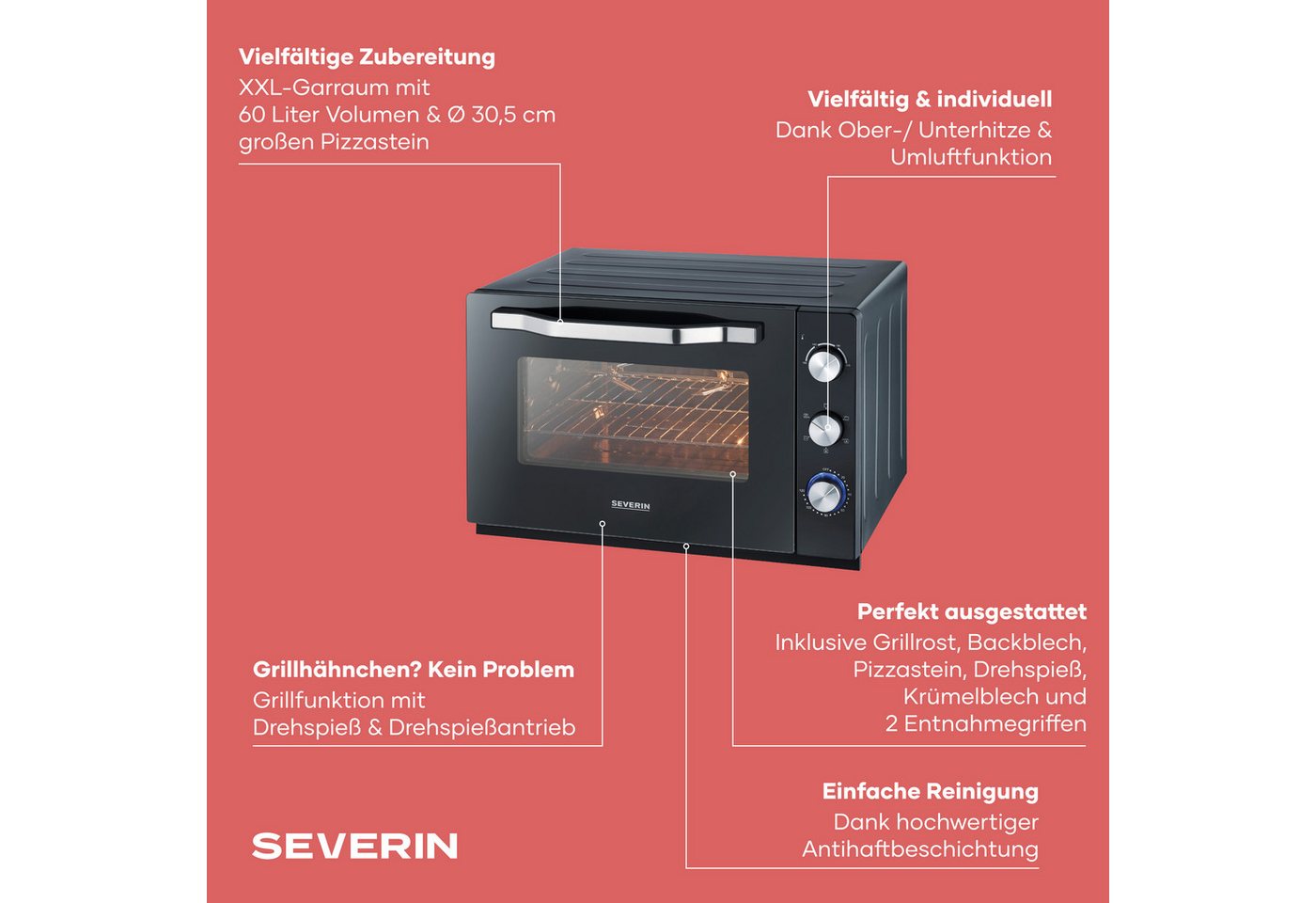 Severin Minibackofen TO 2073, XXL-Minibackofen mit 60 L Garraum, Pizzafunktion & Drehspieß – Bild 3 von 5