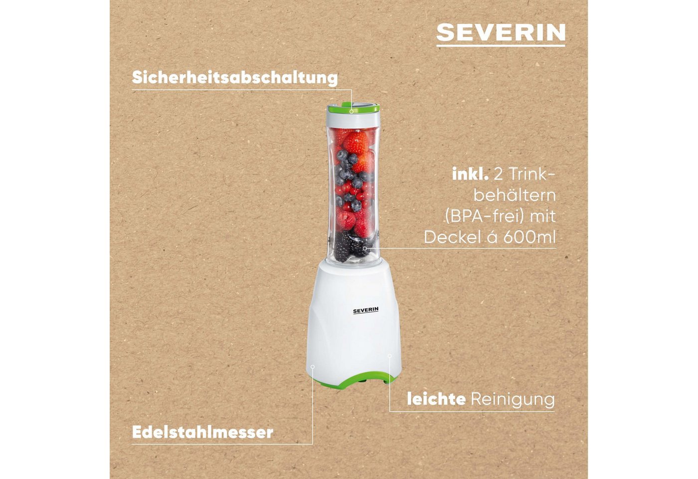 Severin Standmixer SM3735 Smoothie Mix & Go, Smoothie-Mixer mit 2 Flaschen – Bild 2 von 5