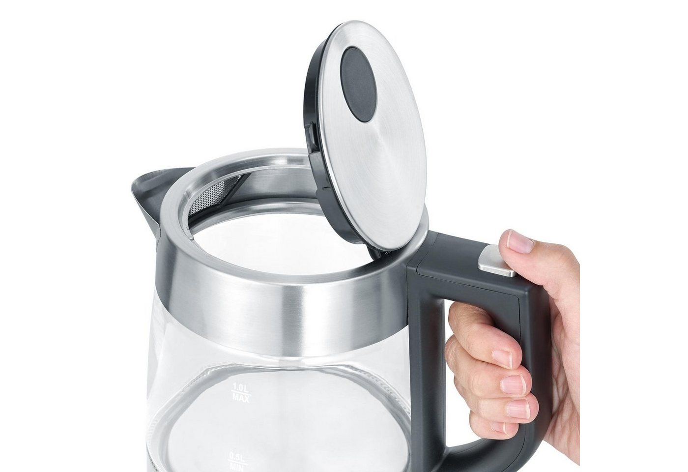 Severin Wasserkocher WK 3468, 1 l, 2200 W, 1 Liter, Edelstahl, Klappbarer Deckel mit großer Öffnung – Bild 3 von 5