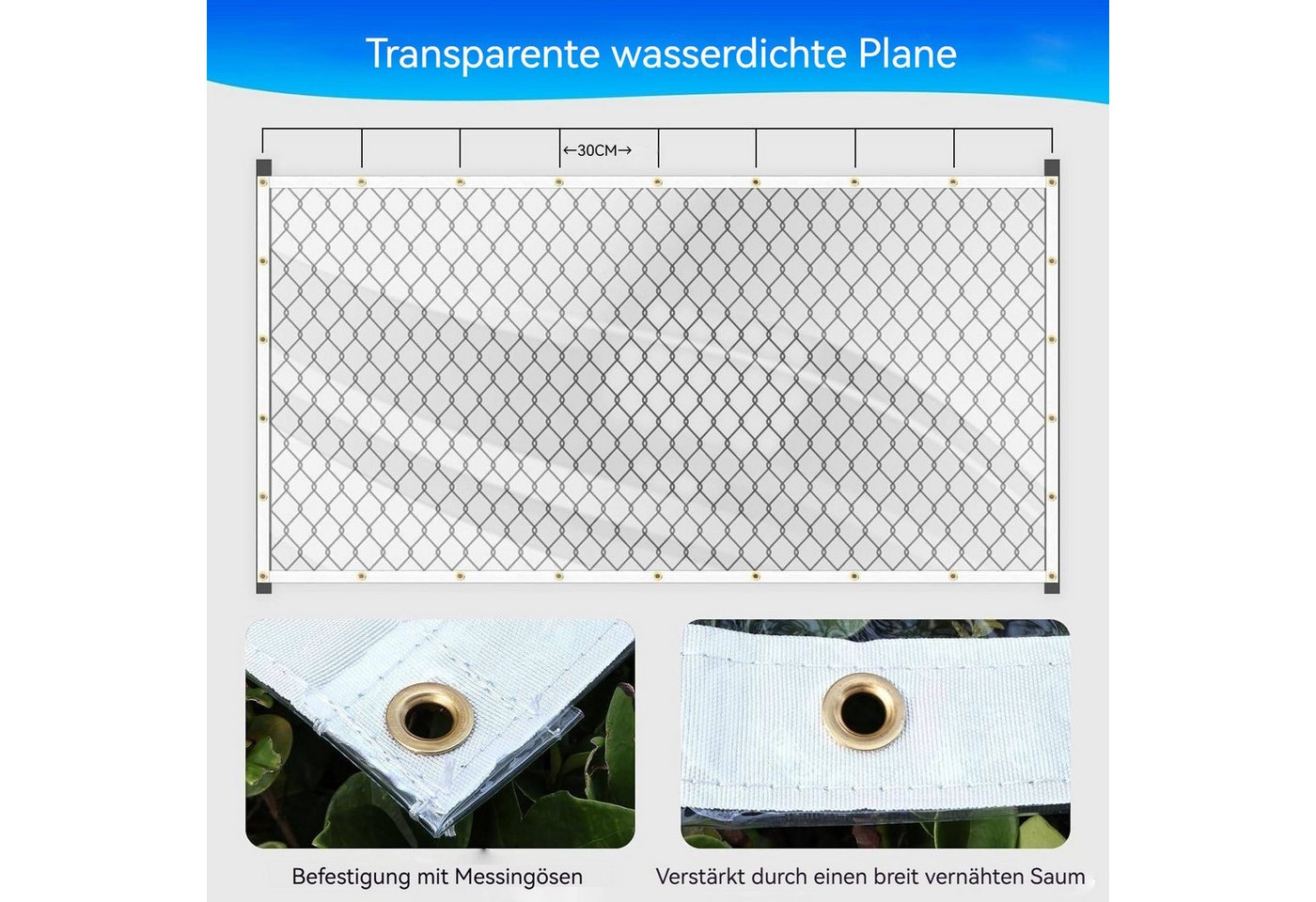Shade&Beyond Schutzplane Transparente Wasserdichte Plane mit Ösen 380 g/m² für Außenbereich – Bild 3 von 5