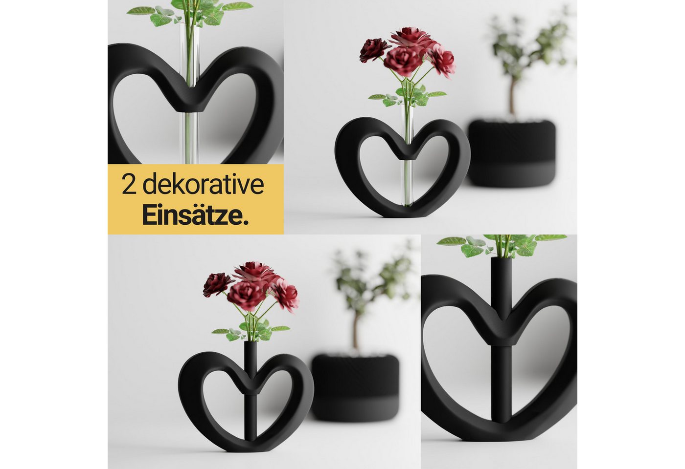 Shapes - Decorations Dekovase Herzvase, Deko in Herzform mit Glasröhrchen, Valentinstag Geschenk, Glasröhrchen für einzelne Blume – Bild 5 von 5