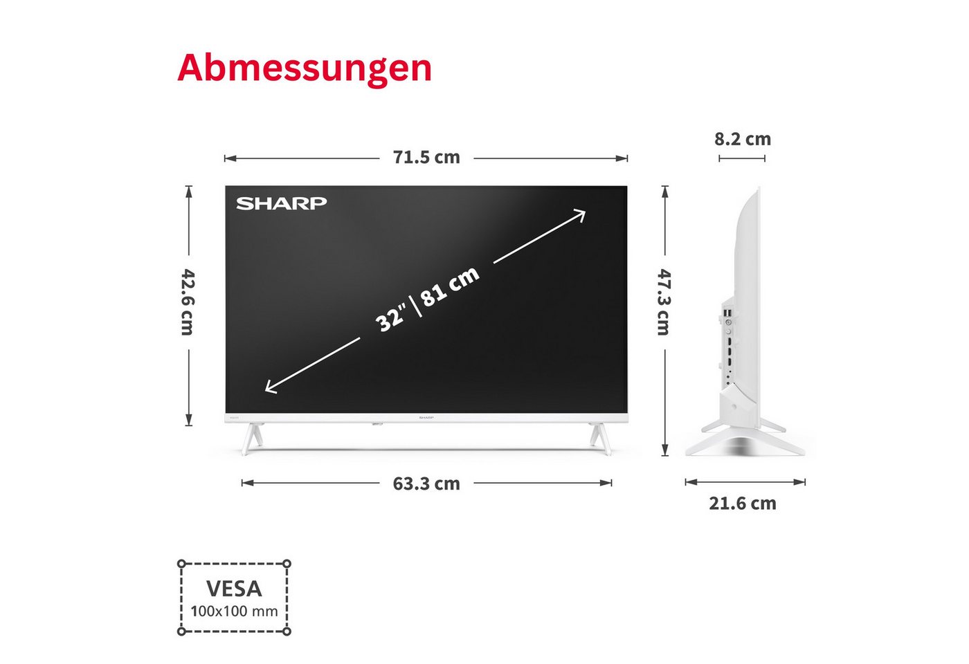 Sharp 32HE2745EW LCD-LED Fernseher (80 cm/32 Zoll, HD-ready, Smart TV powered by TiVo, Smart TV powered by TiVo, HDR, Triple-Tuner) – Bild 3 von 5