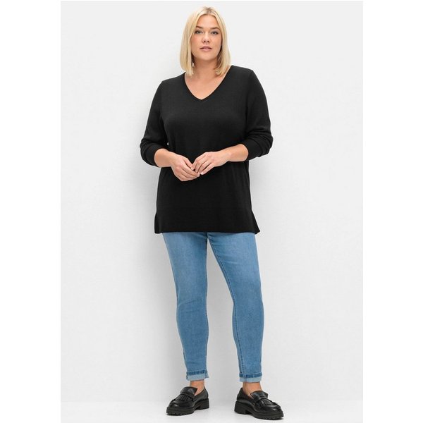 Sheego Strickpullover V-Ausschnitt-Pullover Langarm aus leichtem Feinstrick