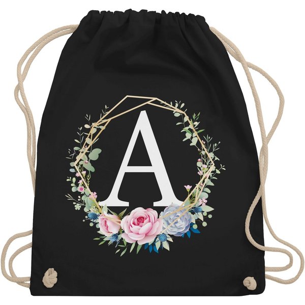 Shirtracer Turnbeutel Blumenkranz Mit Buchstabe A, Geschenk Taschen Initialen Shopper Baumwolle