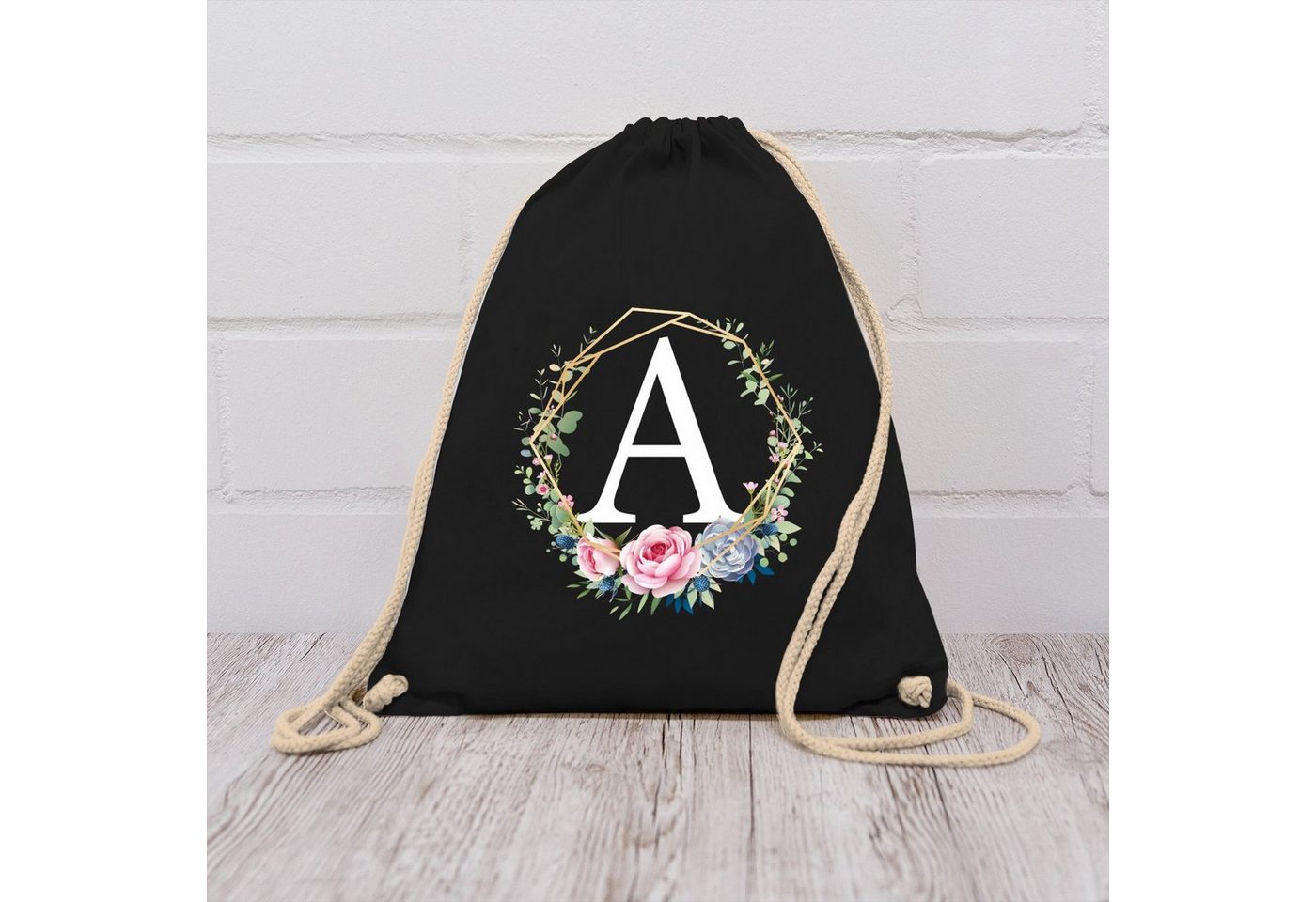 Shirtracer Turnbeutel Blumenkranz Mit Buchstabe A, Geschenk Taschen Initialen Shopper Baumwolle – Bild 3 von 5