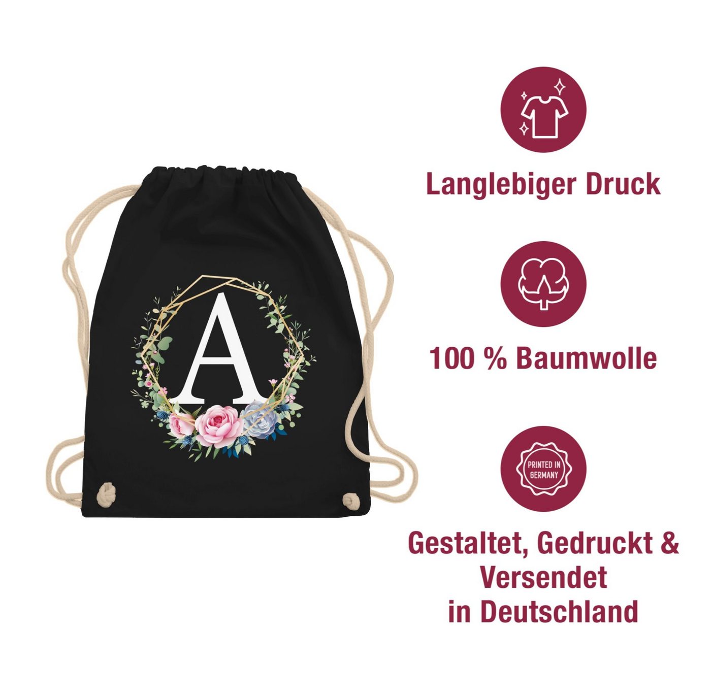 Shirtracer Turnbeutel Blumenkranz Mit Buchstabe A, Geschenk Taschen Initialen Shopper Baumwolle – Bild 5 von 5