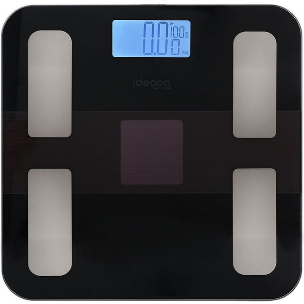 shop'n smile ideoon Körper-Analyse-Waage Körperanalyse-Waage bis 180kg Solar Akku Glas Körperfettwaage App, 4 Sensoren, LED, BMI/Fett/Wasser, App, Bluetooth, bi