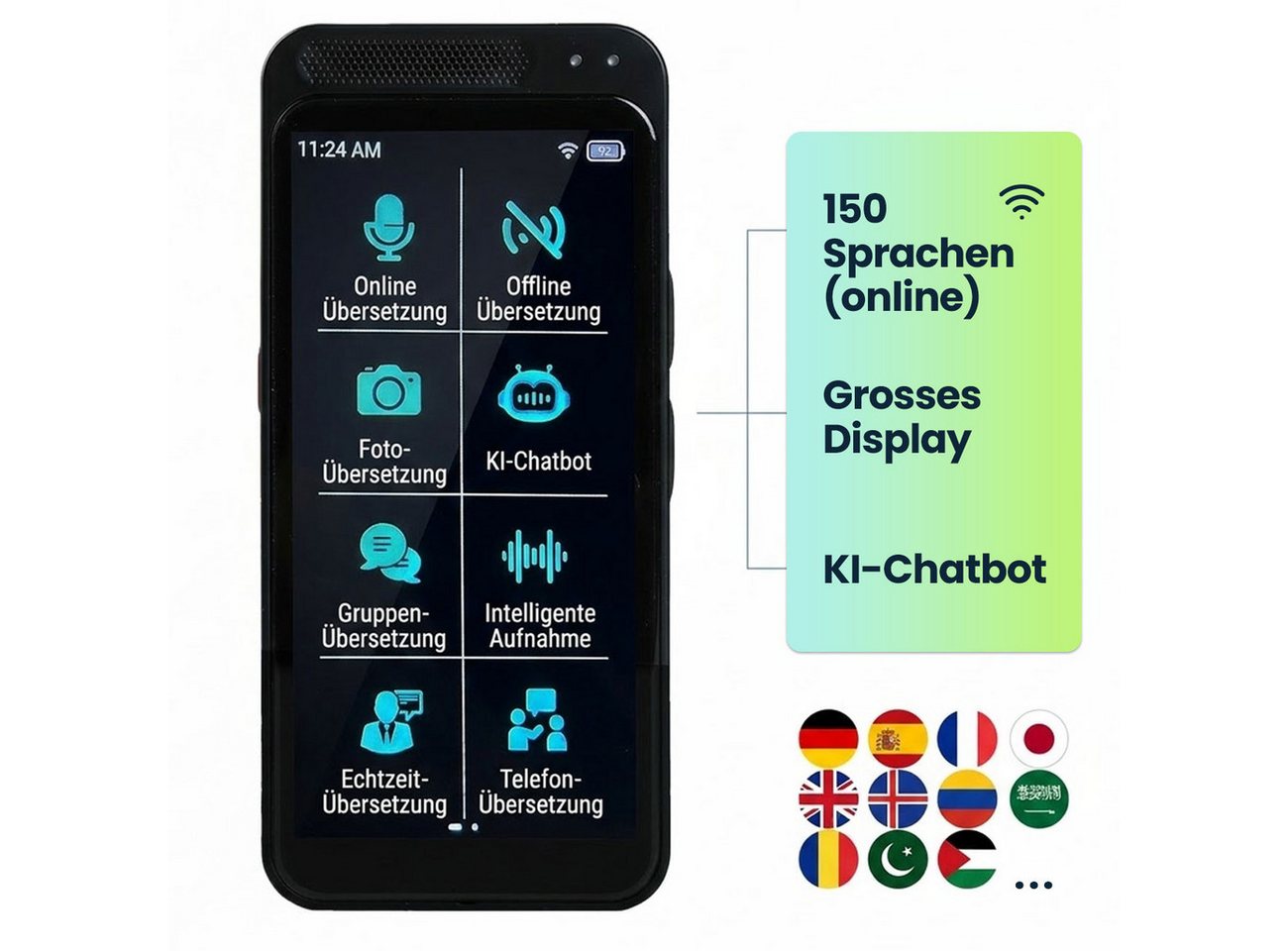 shop'n smile ideoon Sprachcomputer Echtzeit-Sprachübersetzer 150 Sprachen 4,5 Zoll Display KI, Kamera, 21 Offline-Modi, 5MP Kamera, KI-Chatbot & 0,2s Reaktionsz – Bild 3 von 5