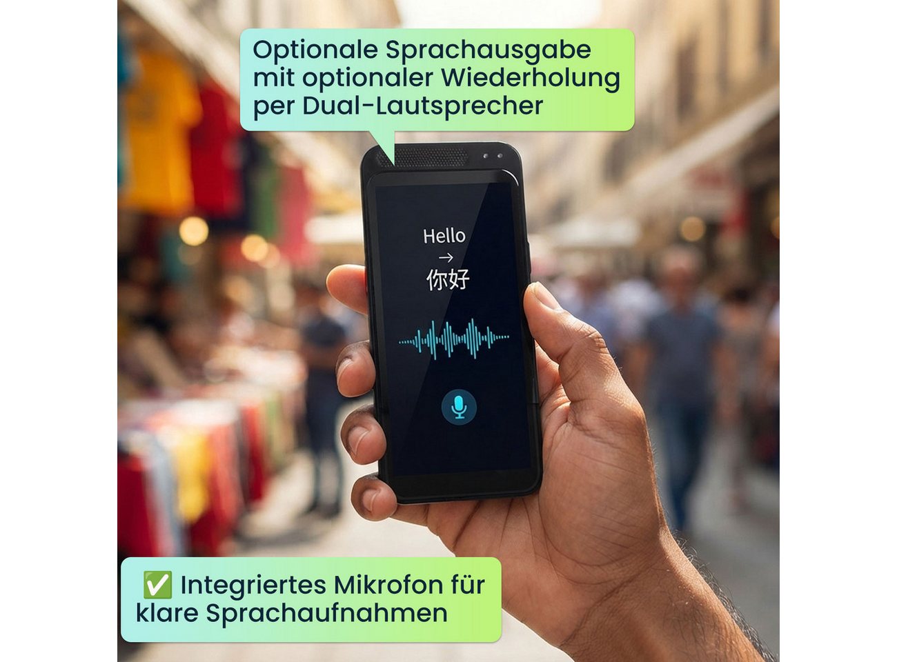 shop'n smile ideoon Sprachcomputer Echtzeit-Sprachübersetzer 150 Sprachen 4,5 Zoll Display KI, Kamera, 21 Offline-Modi, 5MP Kamera, KI-Chatbot & 0,2s Reaktionsz – Bild 5 von 5