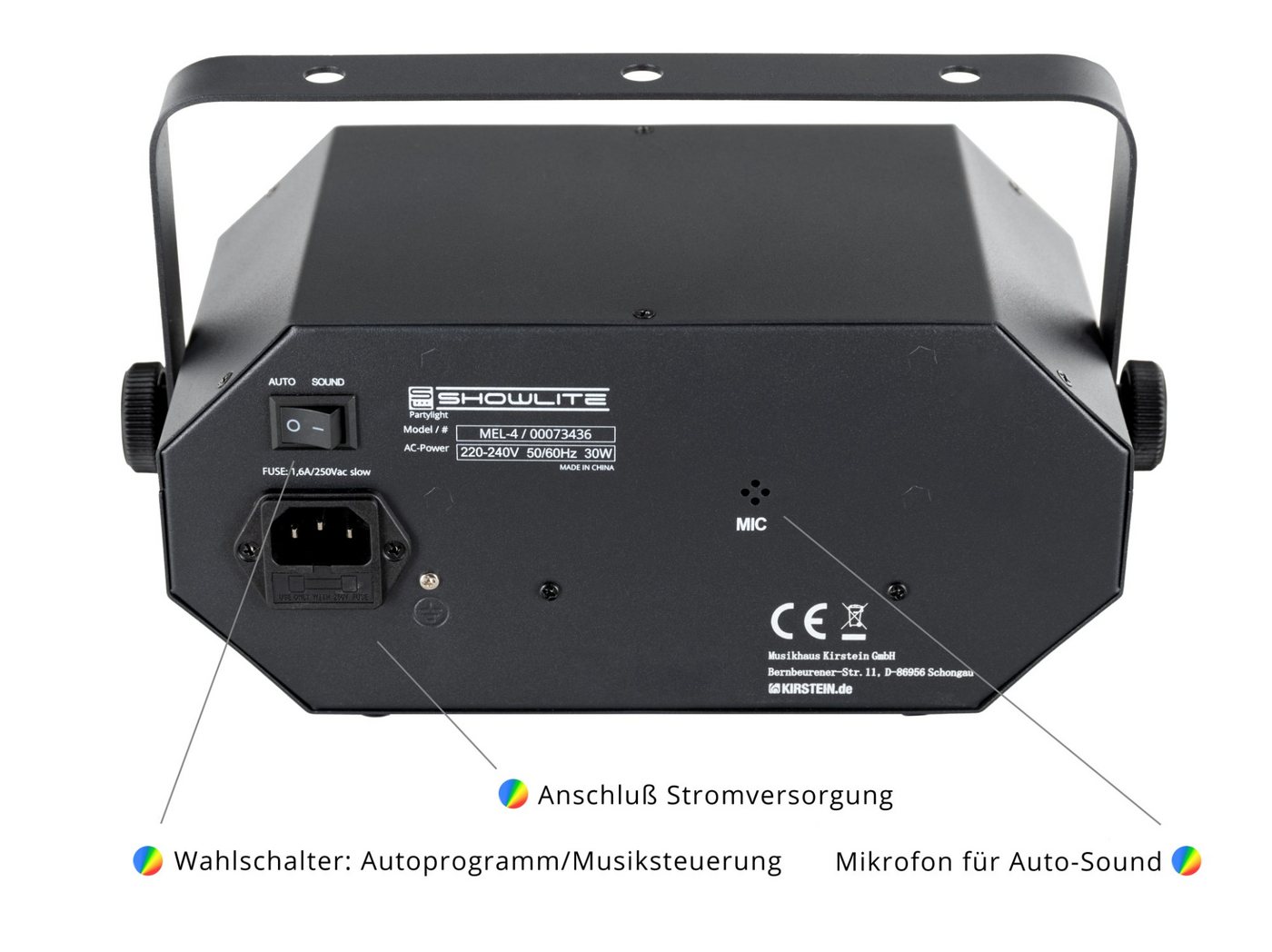 Showlite Discolicht MEL-4 Multi-Effect-Light, LED fest integriert, Farbwechsler, integriertes Mikrofon für Musiksteuerung – Bild 4 von 5