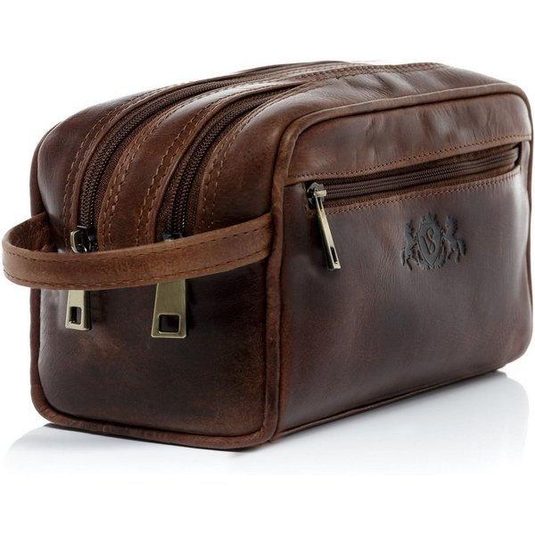 SID & VAIN Kulturbeutel echt Leder Kulturtasche groß braun GATWICK, Waschbeutel Echtleder für Damen & Herren, Kosmetiktasche braun-cognac