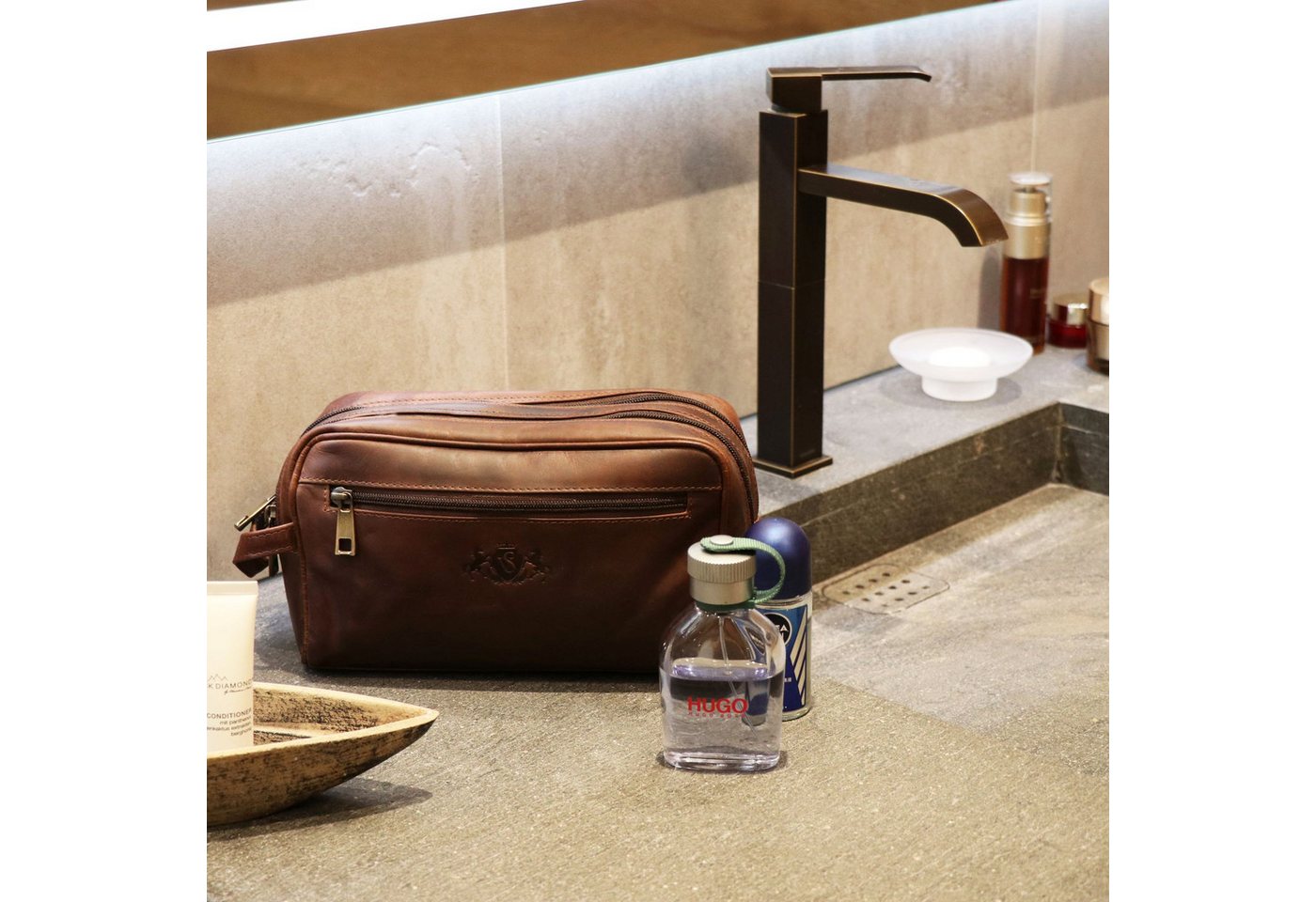 SID & VAIN Kulturbeutel echt Leder Kulturtasche groß braun GATWICK, Waschbeutel Echtleder für Damen & Herren, Kosmetiktasche braun-cognac – Bild 2 von 5