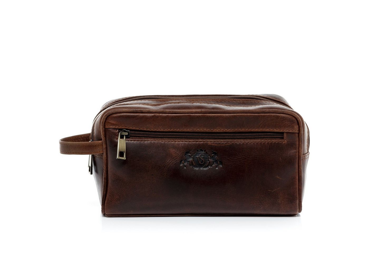 SID & VAIN Kulturbeutel echt Leder Kulturtasche groß braun GATWICK, Waschbeutel Echtleder für Damen & Herren, Kosmetiktasche braun-cognac – Bild 3 von 5