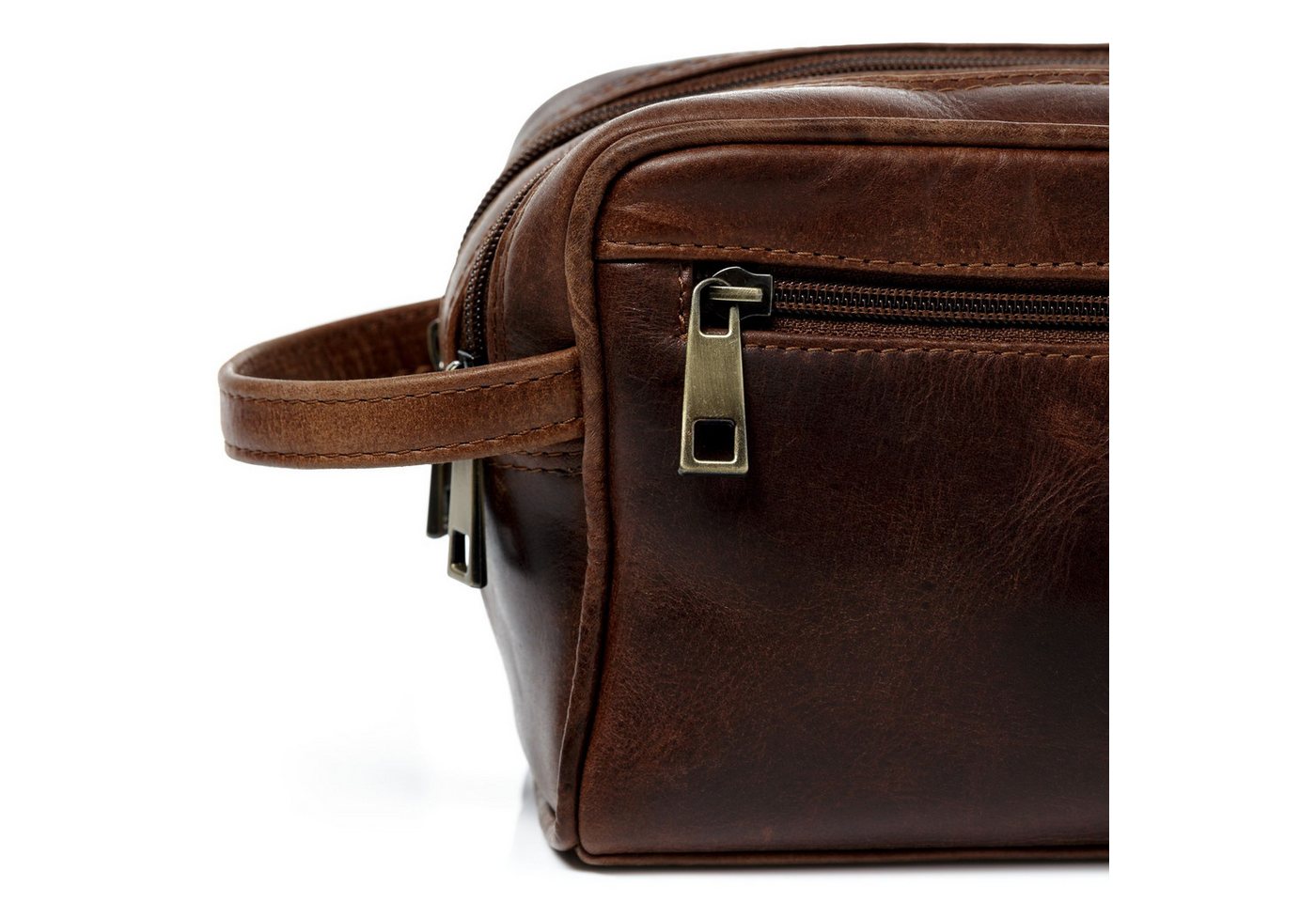SID & VAIN Kulturbeutel echt Leder Kulturtasche groß braun GATWICK, Waschbeutel Echtleder für Damen & Herren, Kosmetiktasche braun-cognac – Bild 4 von 5