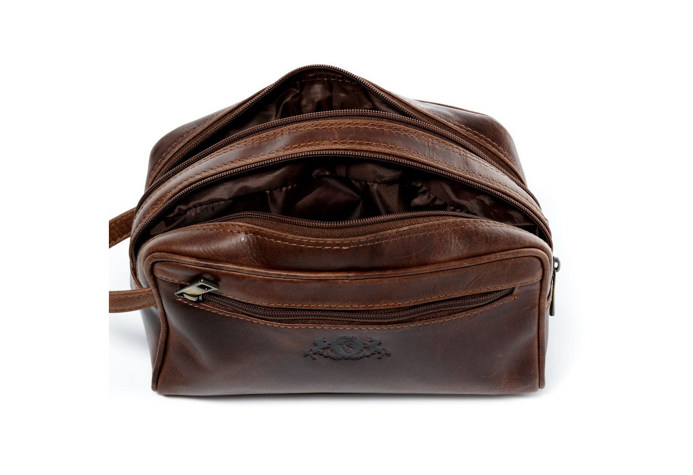 SID & VAIN Kulturbeutel echt Leder Kulturtasche groß braun GATWICK, Waschbeutel Echtleder für Damen & Herren, Kosmetiktasche braun-cognac – Bild 5 von 5