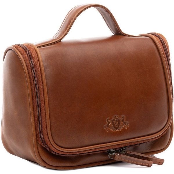 SID & VAIN Kulturbeutel echt Leder Kulturtasche zum Aufhängen braun Dexter, Waschbeutel Echtleder für Damen & Herren, Kosmetiktasche hellbraun