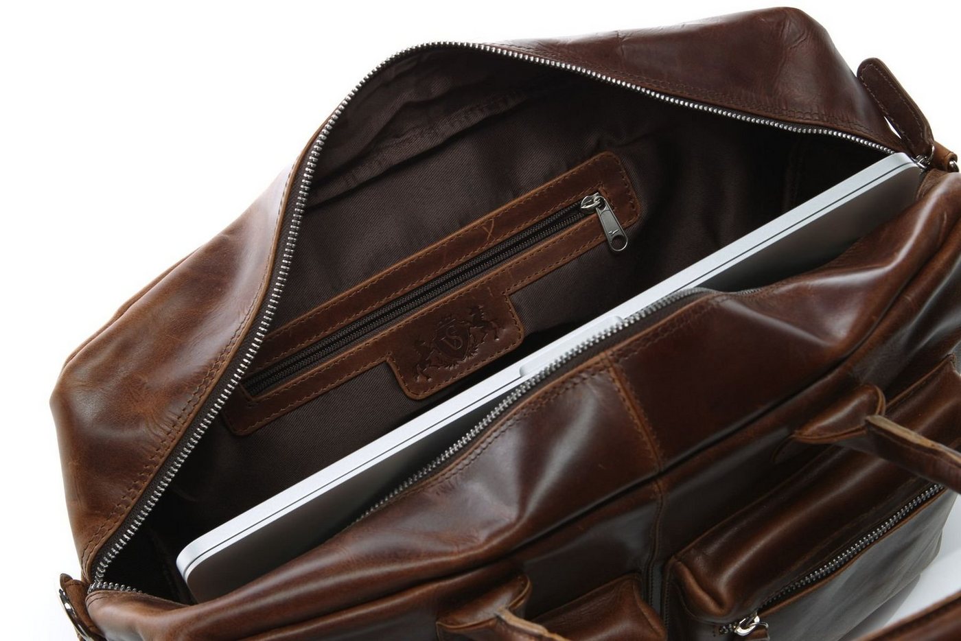 SID & VAIN Laptoptasche echt Leder Aktentasche groß 15 Zoll braun, Laptoptasche 15,4 Zoll, Aktentasche Echtleder Herren braun-cognac – Bild 4 von 5