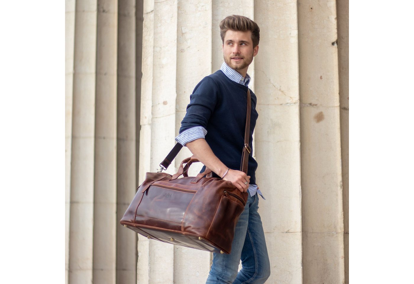 SID & VAIN Reisetasche echt Leder Weekender groß braun BRISTOL SIDE, Echtleder Reisegepäck für Damen & Herren, Sporttasche XL braun – Bild 4 von 5
