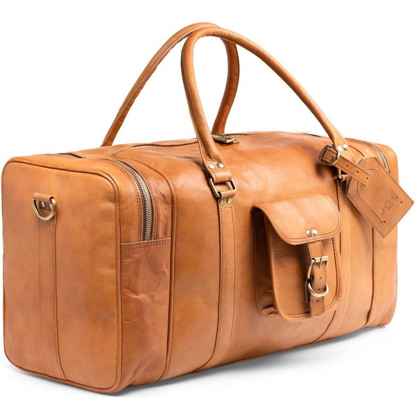SID & VAIN Reisetasche Weekender aus Leder Unisex LANDON in hellbraun (1x Reisetasche, 1x Schultergurt, 1x Dustbag, 1x Adressanhänger), Hochwertige Reisetasche 