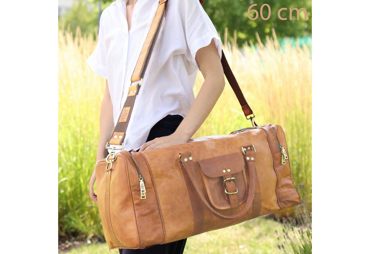 SID & VAIN Reisetasche Weekender aus Leder Unisex LANDON in hellbraun (1x Reisetasche, 1x Schultergurt, 1x Dustbag, 1x Adressanhänger), Hochwertige Reisetasche  – Bild 2 von 5