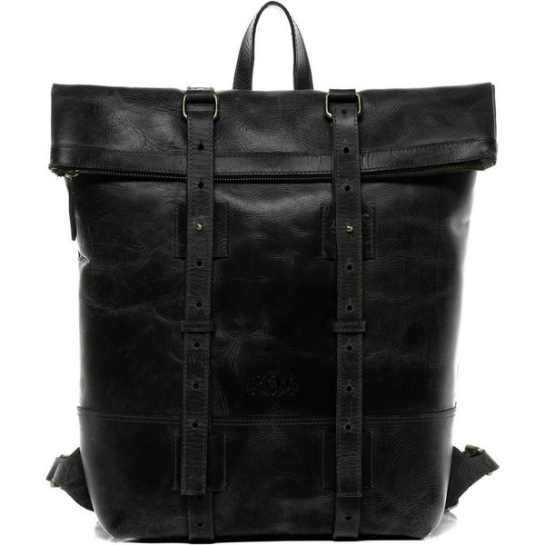 SID & VAIN Rucksack echt Leder Rucksack groß 15 Zoll Laptop Fach schwarz, Tagesrucksack Roll-Top Echtleder Damen Herren Vintage-schwarz