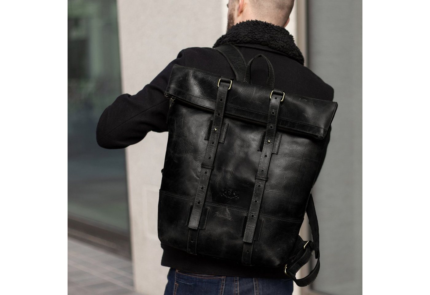 SID & VAIN Rucksack echt Leder Rucksack groß 15 Zoll Laptop Fach schwarz, Tagesrucksack Roll-Top Echtleder Damen Herren Vintage-schwarz – Bild 2 von 5