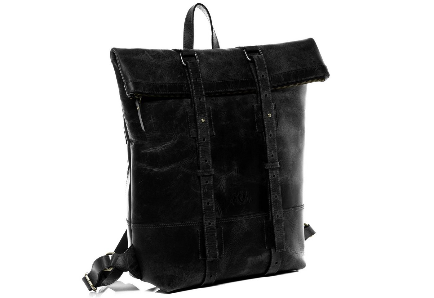 SID & VAIN Rucksack echt Leder Rucksack groß 15 Zoll Laptop Fach schwarz, Tagesrucksack Roll-Top Echtleder Damen Herren Vintage-schwarz – Bild 3 von 5