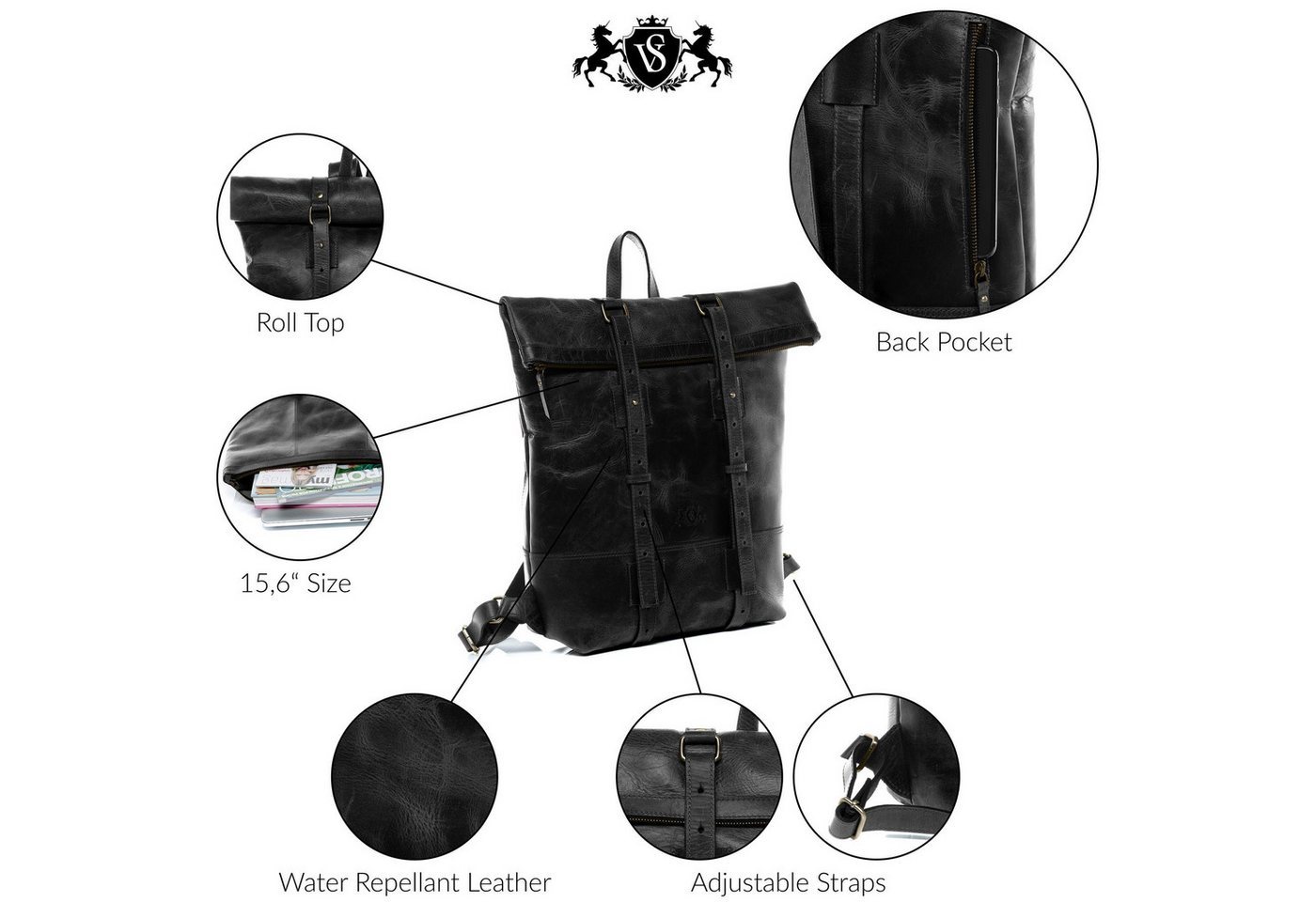 SID & VAIN Rucksack echt Leder Rucksack groß 15 Zoll Laptop Fach schwarz, Tagesrucksack Roll-Top Echtleder Damen Herren Vintage-schwarz – Bild 5 von 5