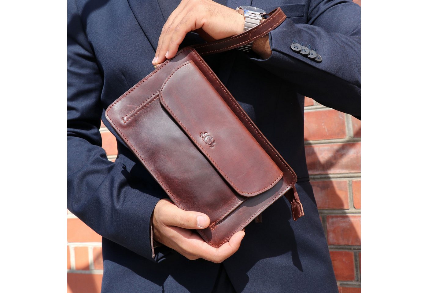 SID & VAIN Umhängetasche echt Leder Herrentasche groß braun CORNWALL, Henkeltasche echt Leder Herren, Handtaschenhalter braun-cognac – Bild 2 von 5