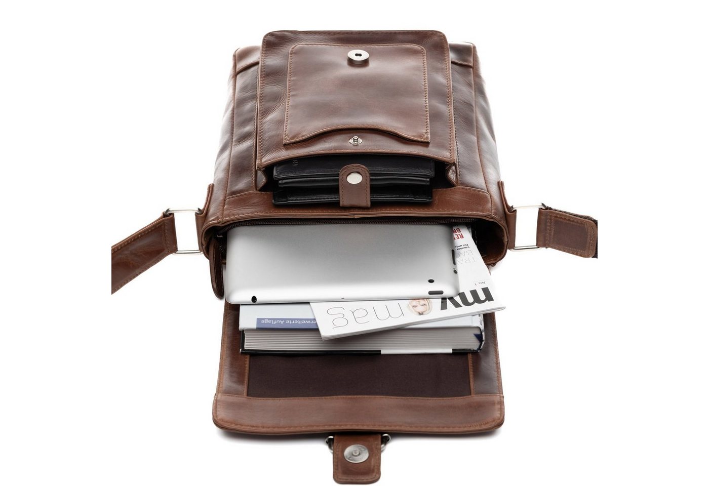 SID & VAIN Umhängetasche echt Leder Schultertasche groß braun, Messenger Bag echt Leder Damen Herren, Umhängetasche, braun-cognac – Bild 4 von 5