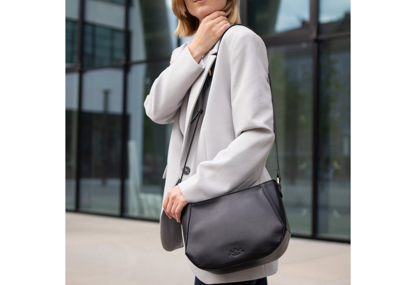 SID & VAIN Umhängetasche echt Leder Umhängetasche groß schwarz ALBANY, Crossbody Bag Echtleder für Damen, Handtasche mit Schultergurt schwarz – Bild 2 von 5