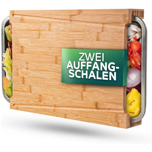 Sidorenko Schneidebrett Bambus Schneidebrett mit Auffangschalen - 43x30x7cm groß, Bambus, (Küchenbrett aus Bambus mit 2 Schalen aus Edelstahl), Schneidebrett Ho