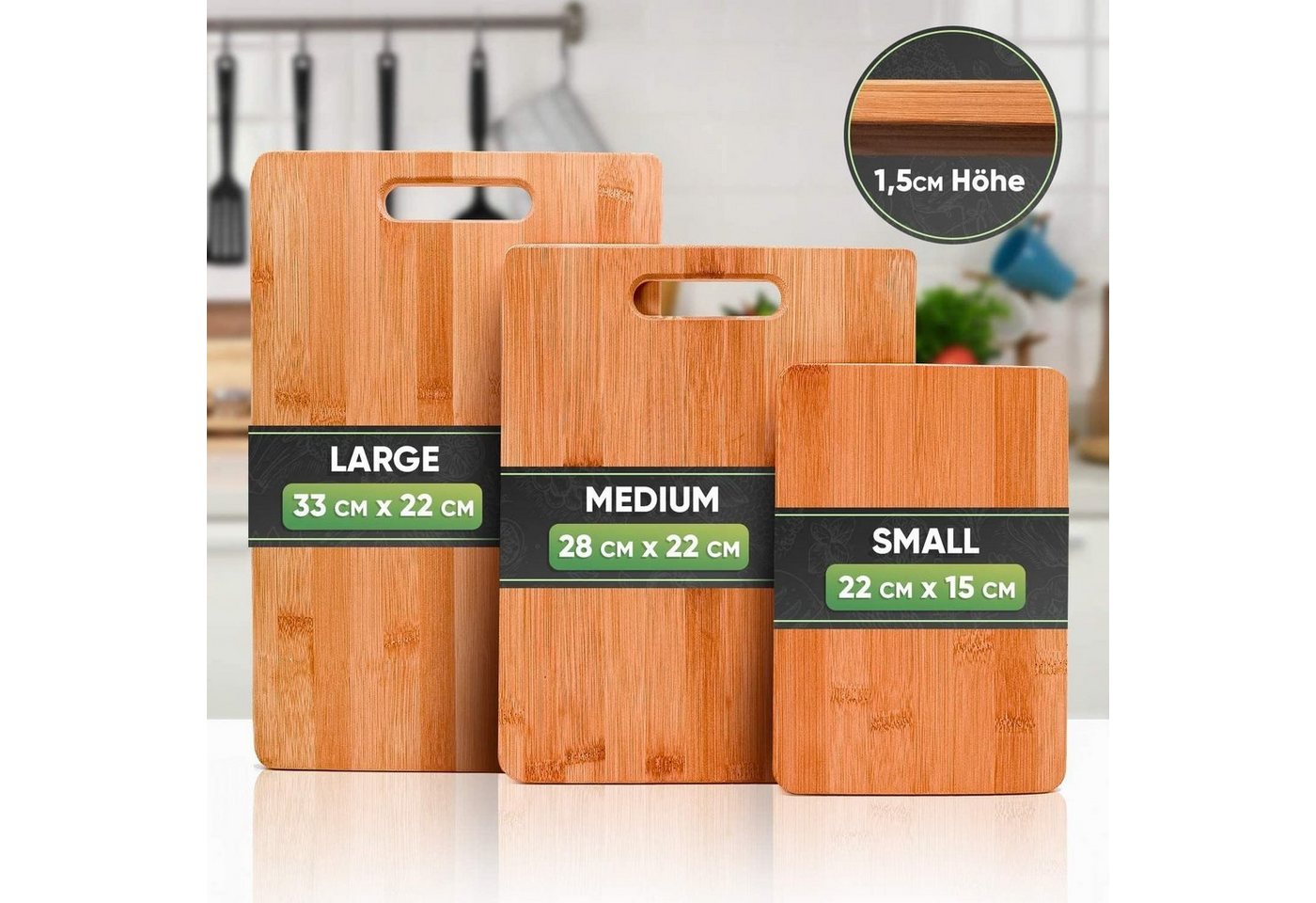 Sidorenko Schneidebrett Bambus Schneidebretter 3er Set - 33x22cm / 28x22cm / 15x22cm, Bambus, (Antibakterielles Schneidebrett aus Holz), Holz-Brett für die Küch – Bild 2 von 5