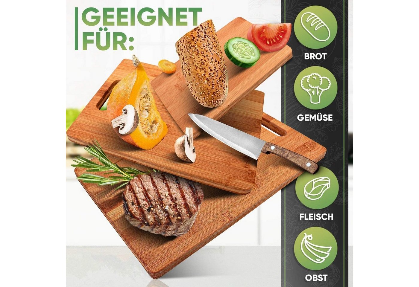 Sidorenko Schneidebrett Bambus Schneidebretter 3er Set - 33x22cm / 28x22cm / 15x22cm, Bambus, (Antibakterielles Schneidebrett aus Holz), Holz-Brett für die Küch – Bild 4 von 5