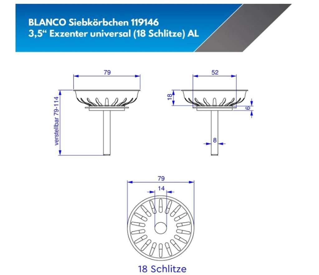 Blanco Siebventil BLANCO 119146 UNIVERSAL Siebkorb Ø 79mm mit Hubstange inkl. Dichtung – Bild 3 von 5